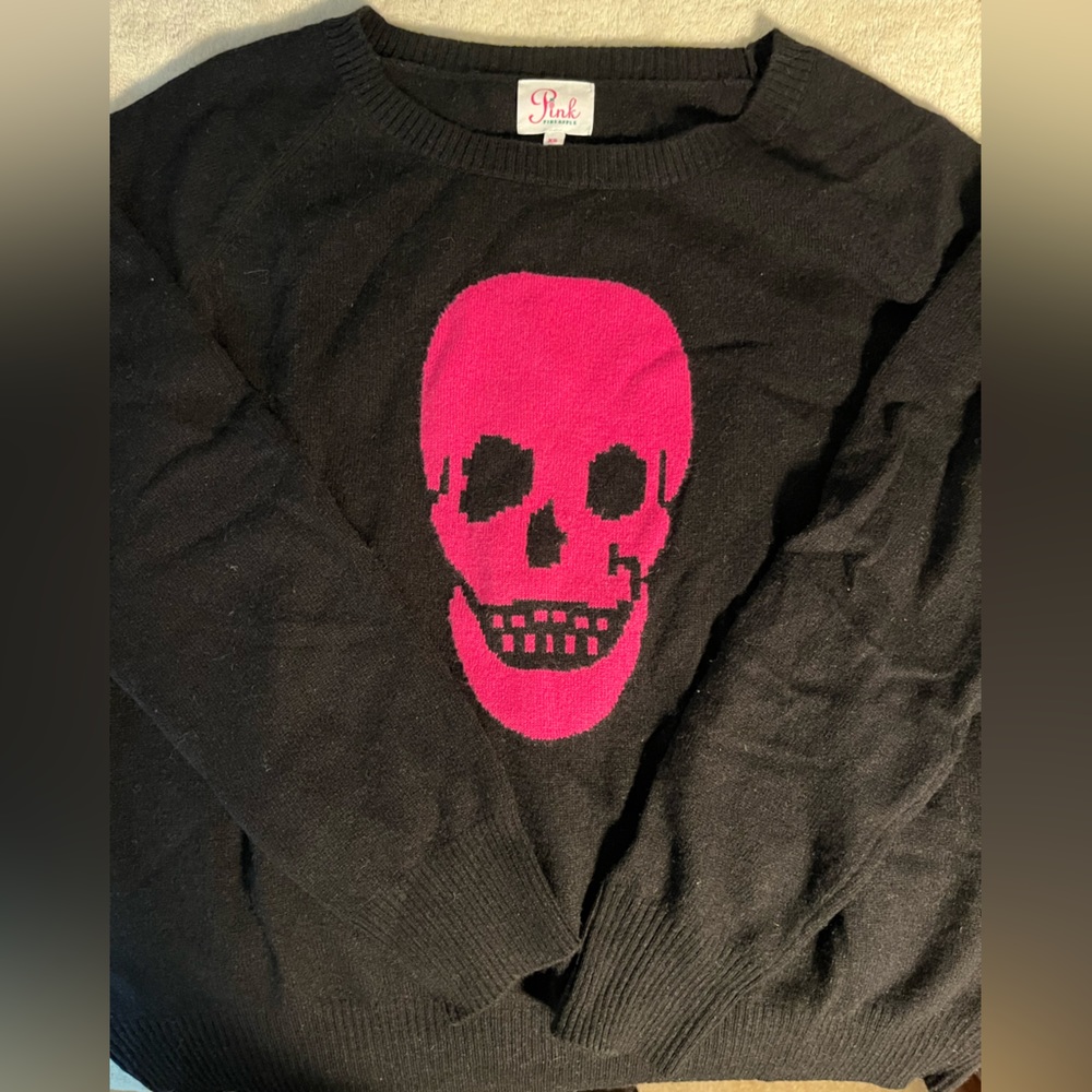 Like new 100% cashmere sweater by Pink Pineapple- black with hot pink skull